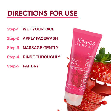 Jovees Herbal Strawberry Face Wash For Hydrating & Glowing Skin with Strawberry Ext. | Gentle Cleanser For Brightens Skin, Removes Pigmentation | For Normal to Dry Skin Types - 120ML